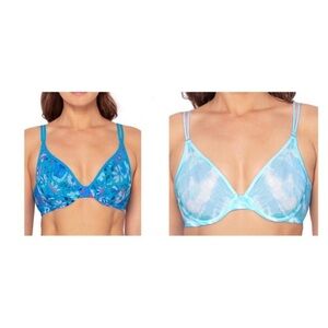2pack Blue‎ & Blue floral Unlined Sheer Mesh Demi Underwire Bras size 38D new